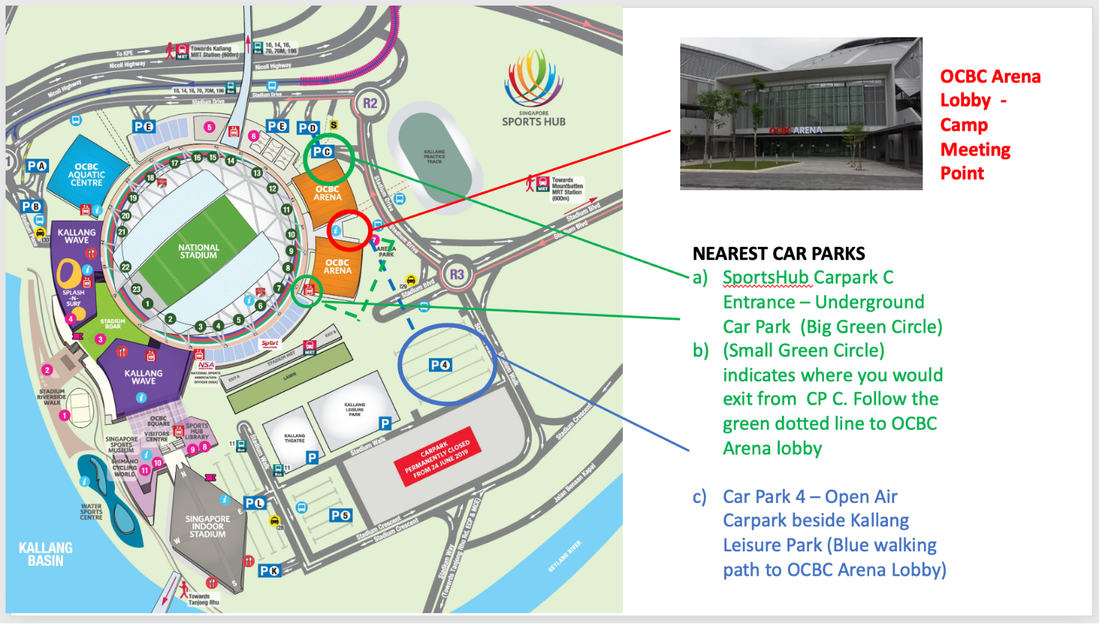 Map showing the OCBC Arena camp location and nearby entrances