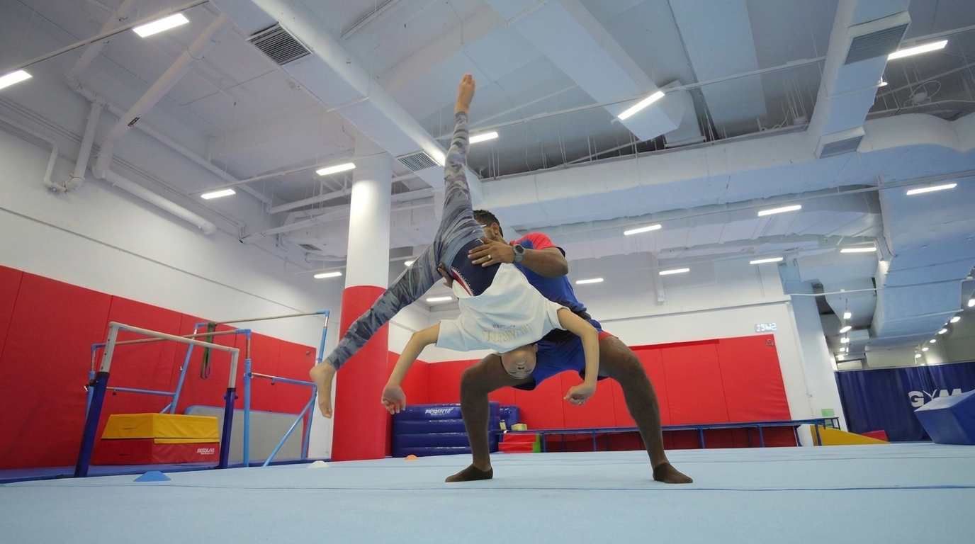 Coach supporting a gymnast through an advanced tumbling skill on the floor