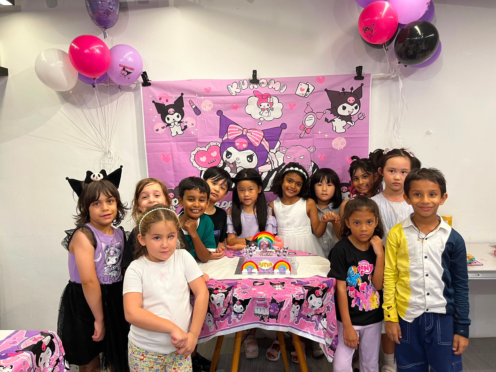 Group of kids celebrating a Kuromi-themed birthday party at Prodigy at Katong Point